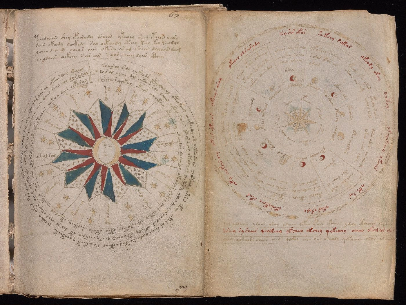 Circular cut of the red and blue diagram on folio 67r.