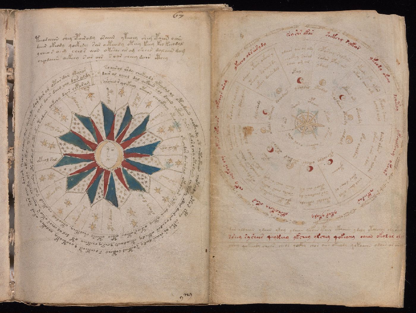 Folio 67r: two circular diagrams with radiating labels in the script.